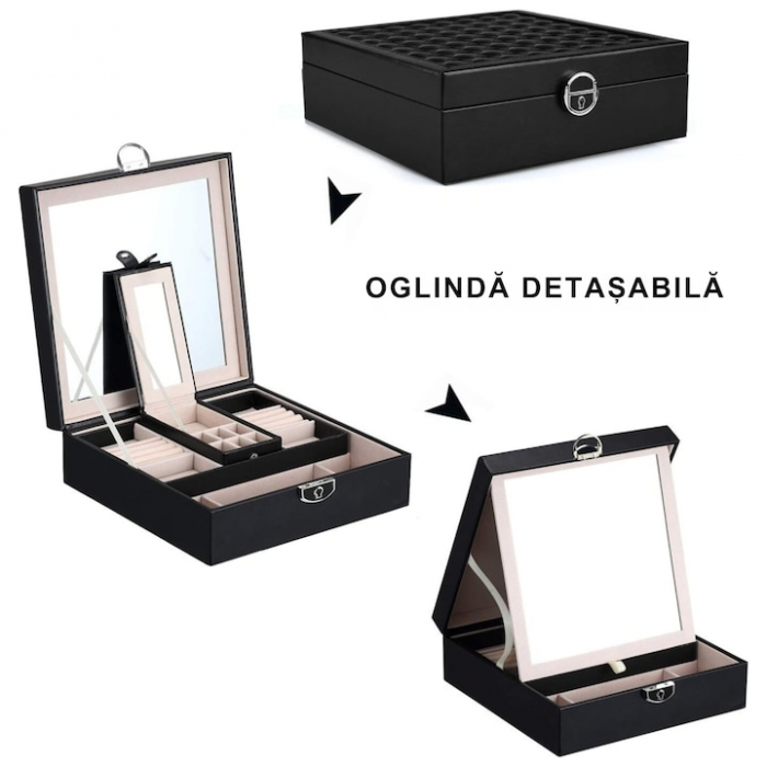 Cutie de bijuterii VarioShop® ideala pentru organizarea cerceilor, ceasurilor si colierelor, dotata cu oglinda, compartimente detasabile, inchidere cu cheie, dimensiuni 25x25x30cm, negru [7]