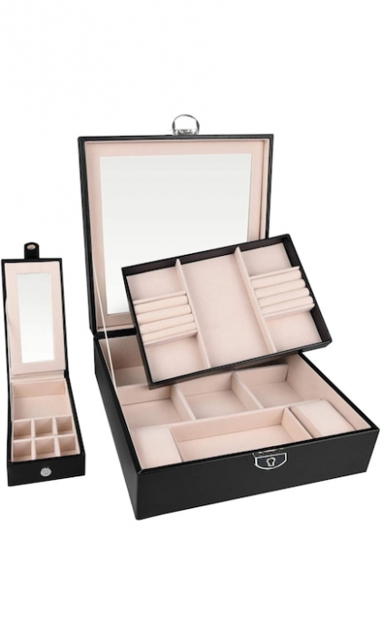 Cutie de bijuterii VarioShop® ideala pentru organizarea cerceilor, ceasurilor si colierelor, dotata cu oglinda, compartimente detasabile, inchidere cu cheie, dimensiuni 25x25x30cm, negru [12]