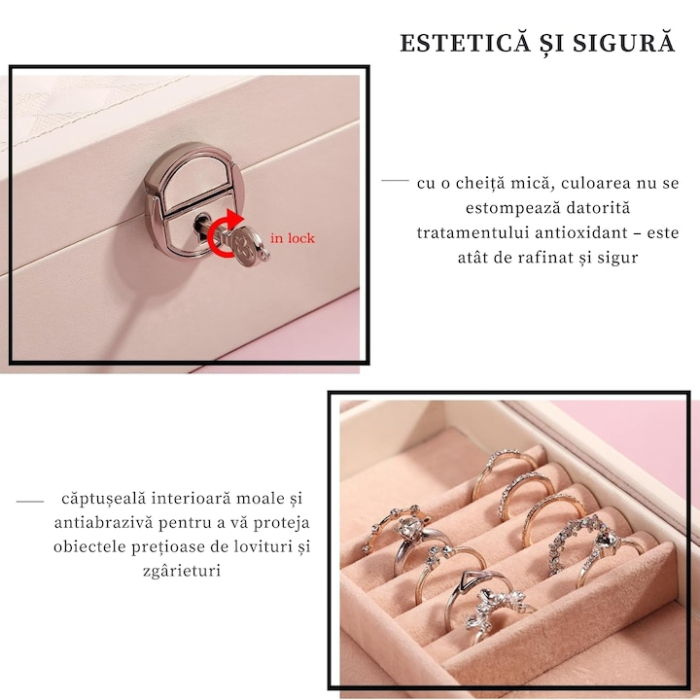Cutie de bijuterii VarioShop® ideala pentru organizarea cerceilor, ceasurilor si colierelor, dotata cu oglinda, compartimente detasabile, inchidere cu cheie, dimensiuni 25 x 25 x 30 cm, Alb [2]