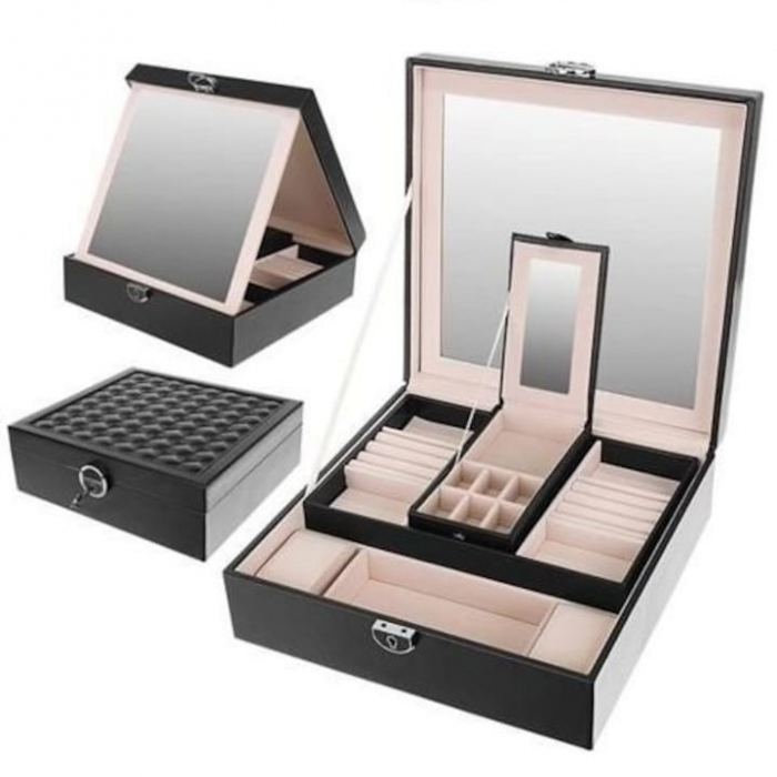 Cutie de bijuterii VarioShop® ideala pentru organizarea cerceilor, ceasurilor si colierelor, dotata cu oglinda, compartimente detasabile, inchidere cu cheie, dimensiuni 25x25x30cm, negru [14]