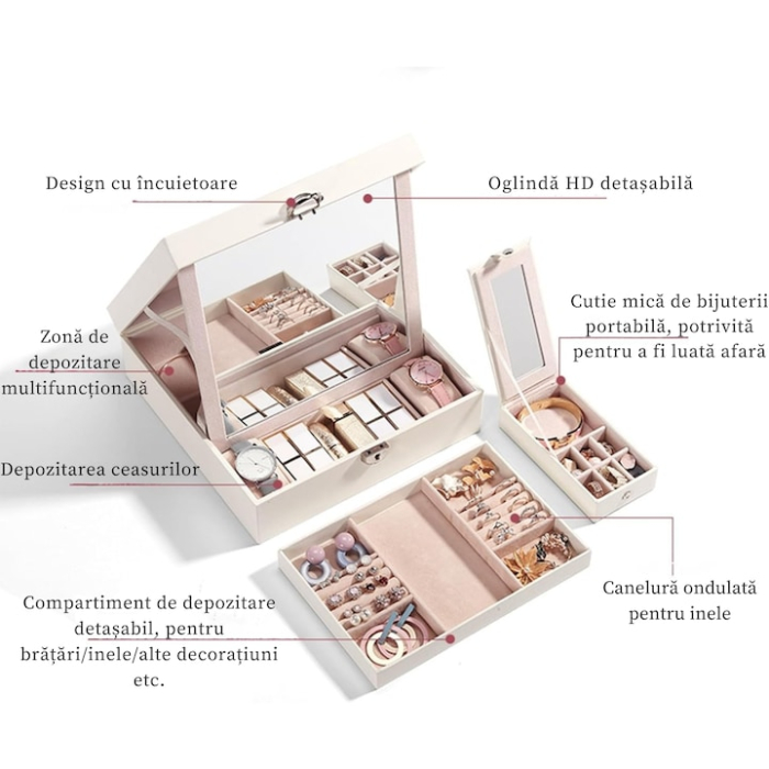 Cutie de bijuterii VarioShop® ideala pentru organizarea cerceilor, ceasurilor si colierelor, dotata cu oglinda, compartimente detasabile, inchidere cu cheie, dimensiuni 25 x 25 x 30 cm, Alb [4]