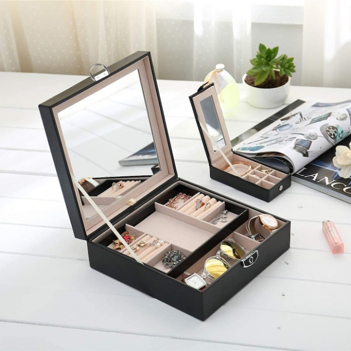 Cutie de bijuterii VarioShop® ideala pentru organizarea cerceilor, ceasurilor si colierelor, dotata cu oglinda, compartimente detasabile, inchidere cu cheie, dimensiuni 25x25x30cm, negru [6]