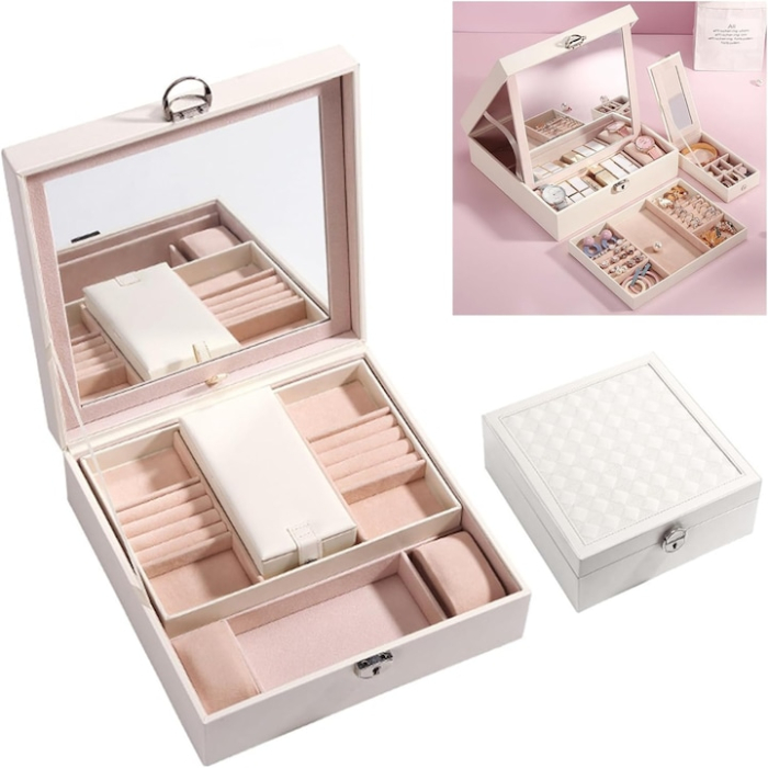 Cutie de bijuterii VarioShop® ideala pentru organizarea cerceilor, ceasurilor si colierelor, dotata cu oglinda, compartimente detasabile, inchidere cu cheie, dimensiuni 25 x 25 x 30 cm, Alb [8]