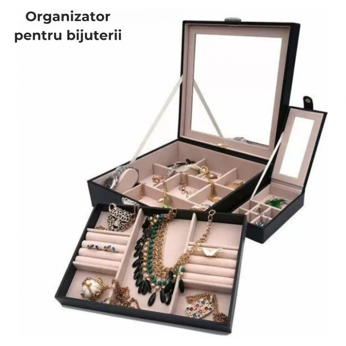 Cutie de bijuterii VarioShop® ideala pentru organizarea cerceilor, ceasurilor si colierelor, dotata cu oglinda, compartimente detasabile, inchidere cu cheie, dimensiuni 25x25x30cm, negru [16]