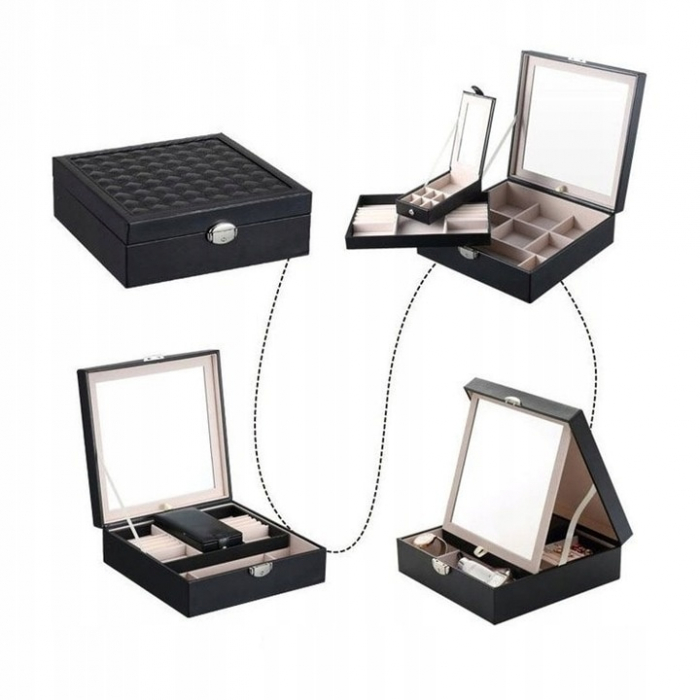 Cutie de bijuterii VarioShop® ideala pentru organizarea cerceilor, ceasurilor si colierelor, dotata cu oglinda, compartimente detasabile, inchidere cu cheie, dimensiuni 25x25x30cm, negru [10]