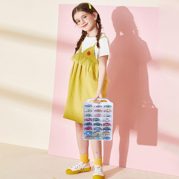 Cutie depozitare masinute VarioShop® cu inchidere sigura, 46 compartimente, transparenta, PP rezistent, dimensiuni 33x25x8.5 cm, cu maner transport [7]