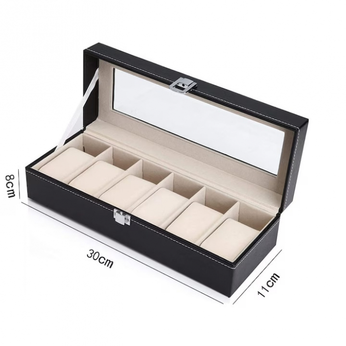 Cutie depozitare pentru 6 ceasuri VarioShop®, tip caseta, piele ecologica, pernite moi, fereastra transparenta, 30 x 11 x 8, Negru [2]