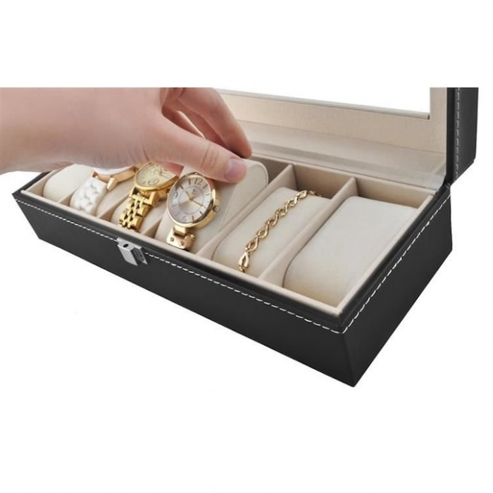 Cutie depozitare pentru 6 ceasuri VarioShop®, tip caseta, piele ecologica, pernite moi, fereastra transparenta, 30 x 11 x 8, Negru [11]