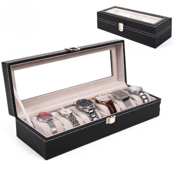 Cutie depozitare pentru 6 ceasuri VarioShop®, tip caseta, piele ecologica, pernite moi, fereastra transparenta, 30 x 11 x 8, Negru [14]