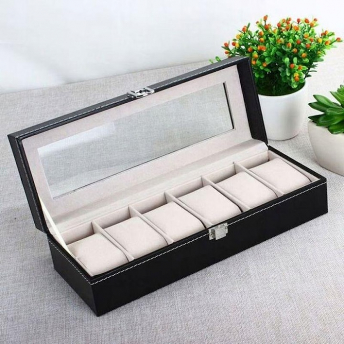 Cutie depozitare pentru 6 ceasuri VarioShop®, tip caseta, piele ecologica, pernite moi, fereastra transparenta, 30 x 11 x 8, Negru [9]