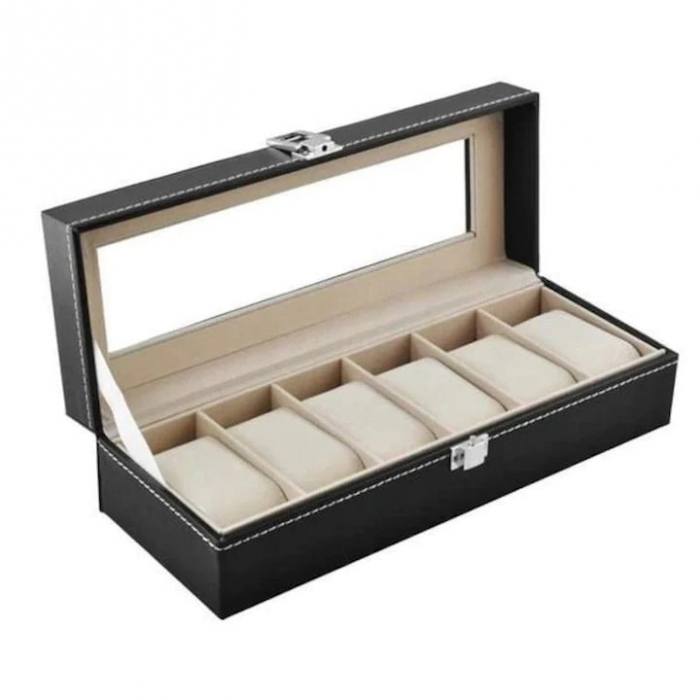 Cutie depozitare pentru 6 ceasuri VarioShop®, tip caseta, piele ecologica, pernite moi, fereastra transparenta, 30 x 11 x 8, Negru [13]