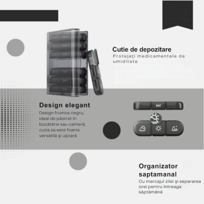 Cutie organizare medicamente VarioShop®, 21 compartimente, Practica, Impermeabila, Recipiente detasabile, Portabila, Usor de curatat, 15.5 x 12 x 4 cm, Negru [3]