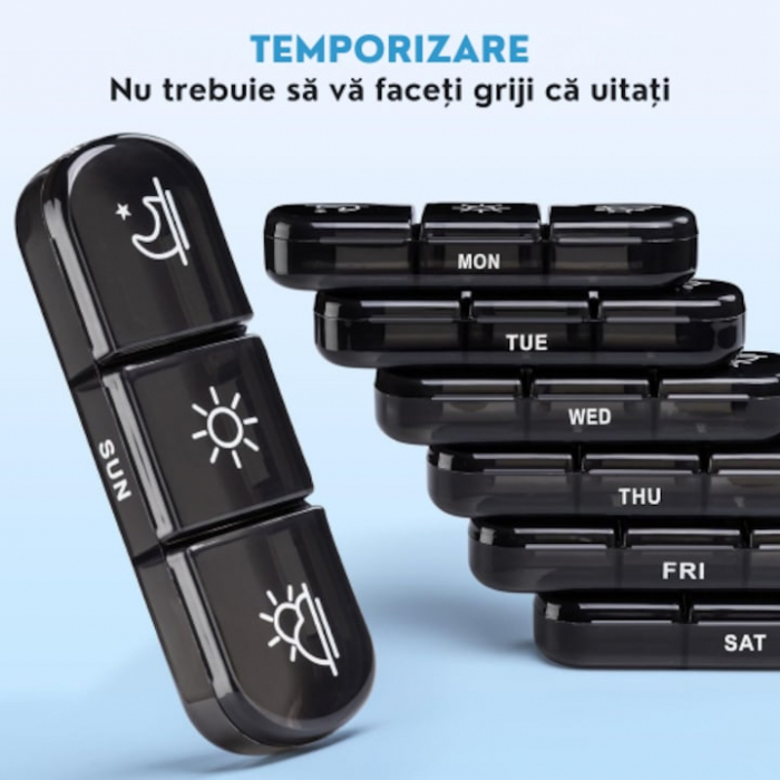 Cutie organizare medicamente VarioShop®, 21 compartimente, Practica, Impermeabila, Recipiente detasabile, Portabila, Usor de curatat, 15.5 x 12 x 4 cm, Negru [6]