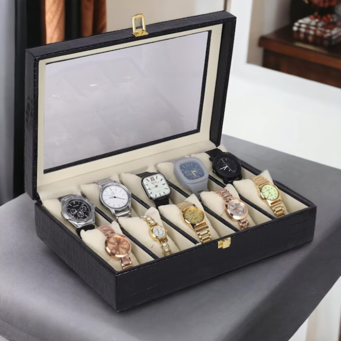 Cutie organizatoare pentru ceasuri, VarioShop, pentru 12 ceasuri, piele ecologică, negru, 30,5x20,5x8 cm [6]