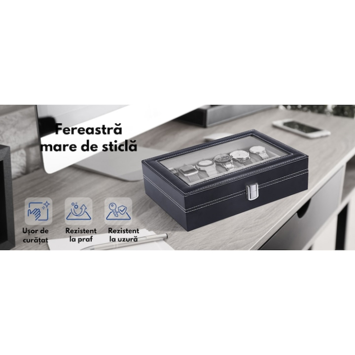 Cutie organizatoare pentru ceasuri, VarioShop, pentru 12 ceasuri, piele ecologică, negru, 30,5x20,5x8 cm [3]