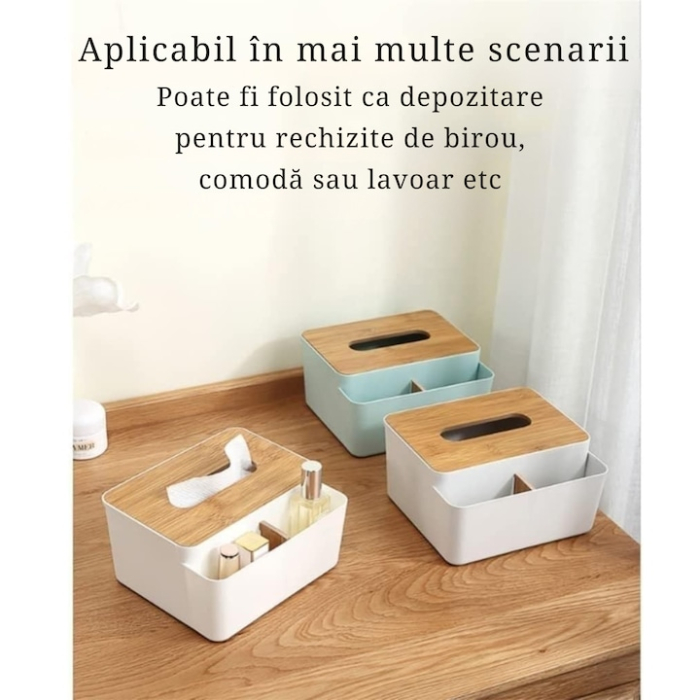 Cutie organizatoare pentru servetele VarioShop®, cu capac din bambus, cu compartiment pentru obiecte mici, pentru birou, baie, living sau dormitor, design modern si elegant, Albastru [5]