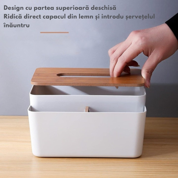 Cutie organizatoare pentru servetele VarioShop®, cu capac din bambus, cu compartiment pentru obiecte mici, pentru birou, baie, living sau dormitor, design modern si elegant, Albastru [7]