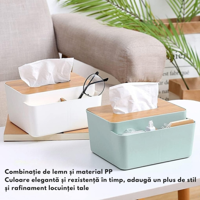 Cutie organizatoare pentru servetele VarioShop®, cu capac din bambus, cu compartiment pentru obiecte mici, pentru birou, baie, living sau dormitor, design modern si elegant, Albastru [3]