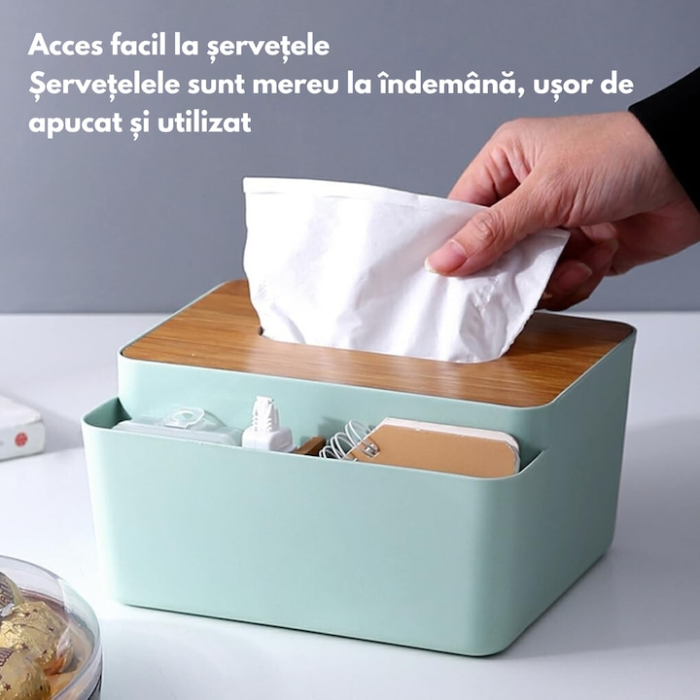 Cutie organizatoare pentru servetele VarioShop®, cu capac din bambus, cu compartiment pentru obiecte mici, pentru birou, baie, living sau dormitor, design modern si elegant, Albastru [2]