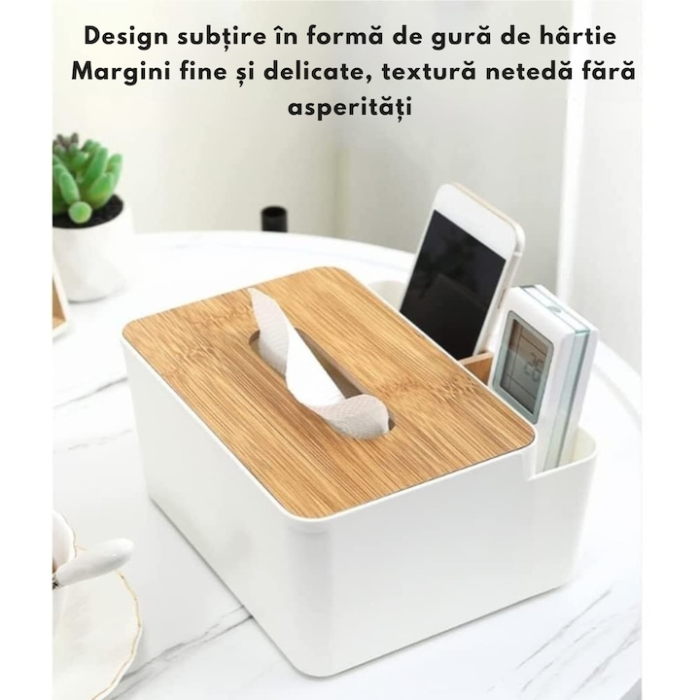 Cutie organizatoare pentru servetele VarioShop®, cu capac din bambus, cu compartiment pentru obiecte mici, pentru birou, baie, living sau dormitor, design modern si elegant, Alb [3]