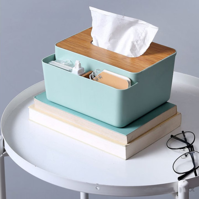 Cutie organizatoare pentru servetele VarioShop®, cu capac din bambus, cu compartiment pentru obiecte mici, pentru birou, baie, living sau dormitor, design modern si elegant, Albastru [4]