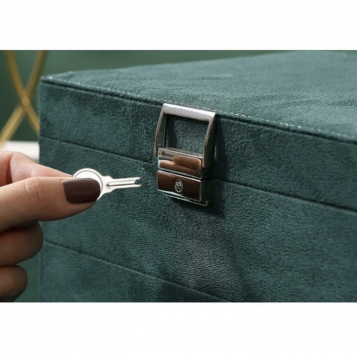Cutie pentru bijuterii din catifea VarioShop®, cu 3 nivele si cheita, pentru inele, coliere, bratari, design cu mai multe compartimente, separatoare detasabile, 24.5 x 17.5 cm, verde [6]