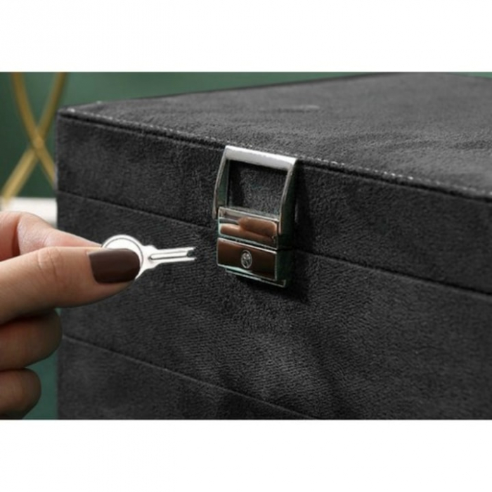 Cutie pentru bijuterii din catifea VarioShop®, cu 3 nivele si cheita, pentru inele, coliere, bratari, design cu mai multe compartimente, separatoare detasabile, 24.5 x 17.5 cm, negru [9]