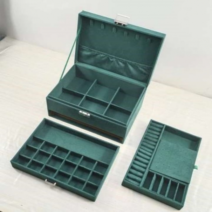Cutie pentru bijuterii din catifea VarioShop®, cu 3 nivele si cheita, pentru inele, coliere, bratari, design cu mai multe compartimente, separatoare detasabile, 24.5 x 17.5 cm, verde [10]
