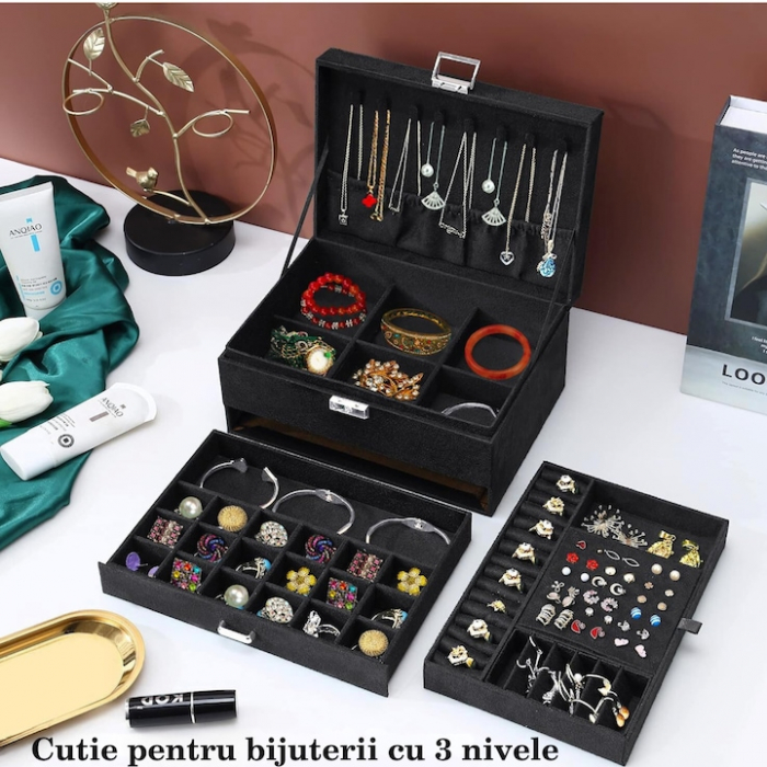 Cutie pentru bijuterii din catifea VarioShop®, cu 3 nivele si cheita, pentru inele, coliere, bratari, design cu mai multe compartimente, separatoare detasabile, 24.5 x 17.5 cm, negru [17]
