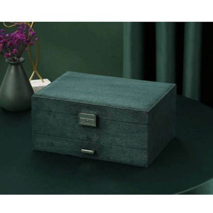 Cutie pentru bijuterii din catifea VarioShop®, cu 3 nivele si cheita, pentru inele, coliere, bratari, design cu mai multe compartimente, separatoare detasabile, 24.5 x 17.5 cm, verde [5]