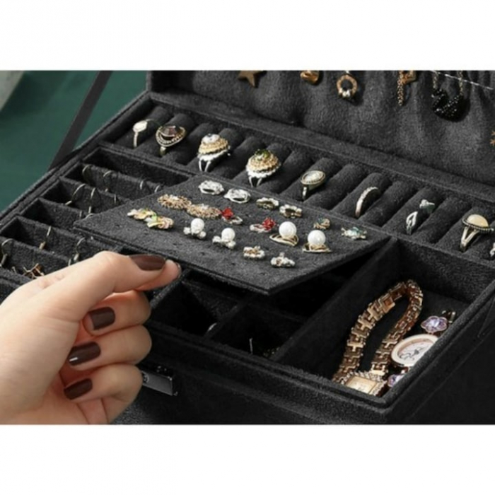 Cutie pentru bijuterii din catifea VarioShop®, cu 3 nivele si cheita, pentru inele, coliere, bratari, design cu mai multe compartimente, separatoare detasabile, 24.5 x 17.5 cm, negru [10]
