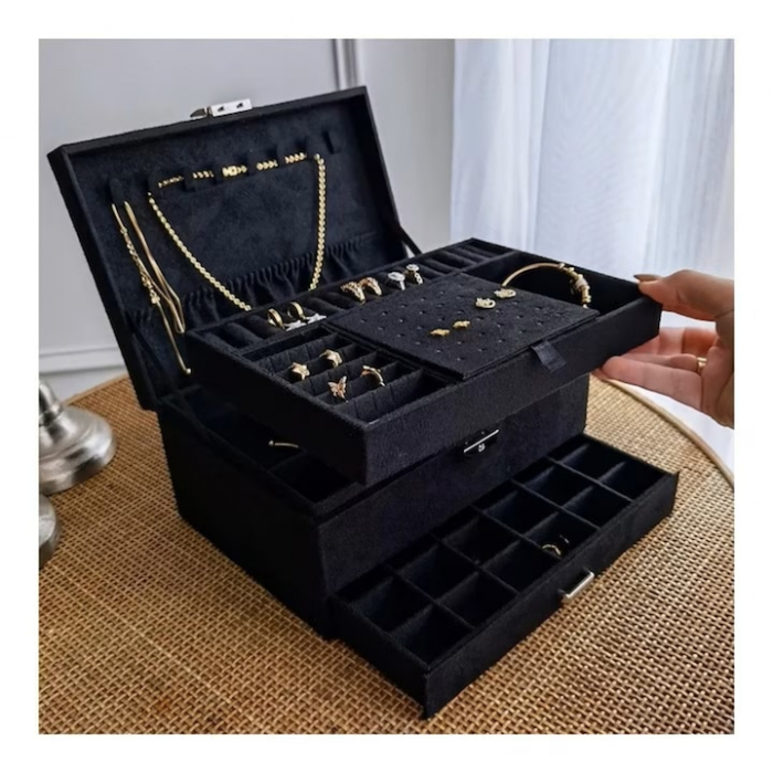 Cutie pentru bijuterii din catifea VarioShop®, cu 3 nivele si cheita, pentru inele, coliere, bratari, design cu mai multe compartimente, separatoare detasabile, 24.5 x 17.5 cm, negru [13]