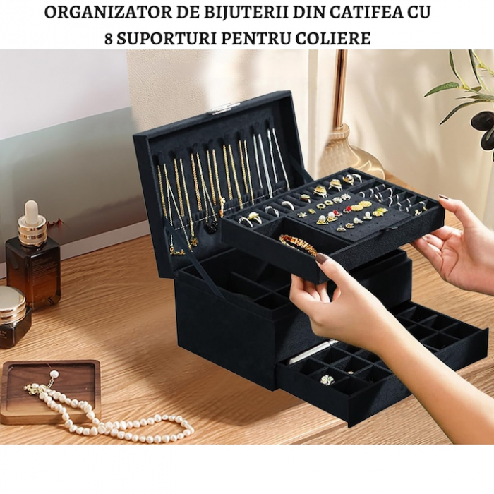 Cutie pentru bijuterii din catifea VarioShop®, cu 3 nivele si cheita, pentru inele, coliere, bratari, design cu mai multe compartimente, separatoare detasabile, 24.5 x 17.5 cm, negru [16]