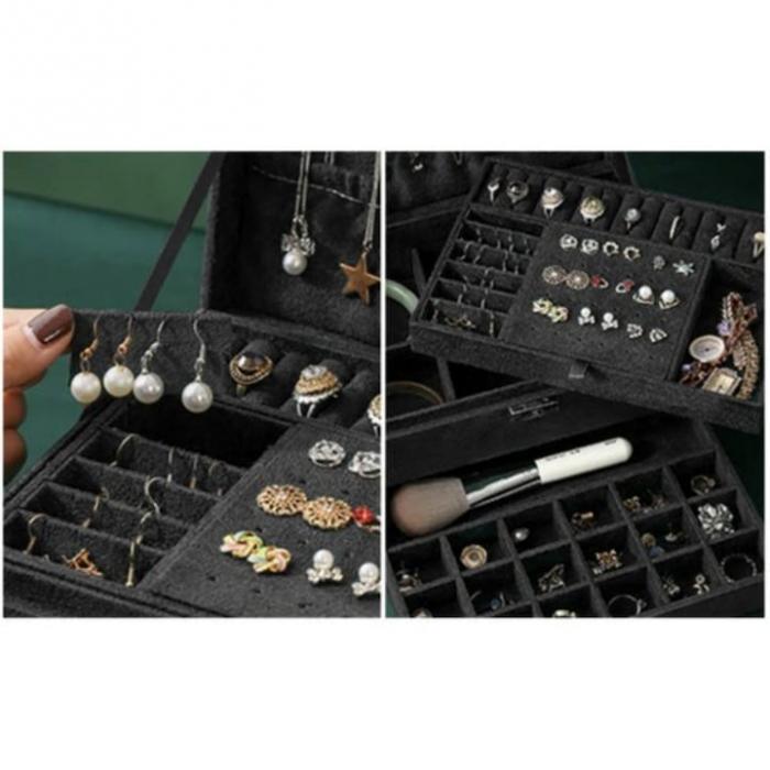 Cutie pentru bijuterii din catifea VarioShop®, cu 3 nivele si cheita, pentru inele, coliere, bratari, design cu mai multe compartimente, separatoare detasabile, 24.5 x 17.5 cm, negru [11]
