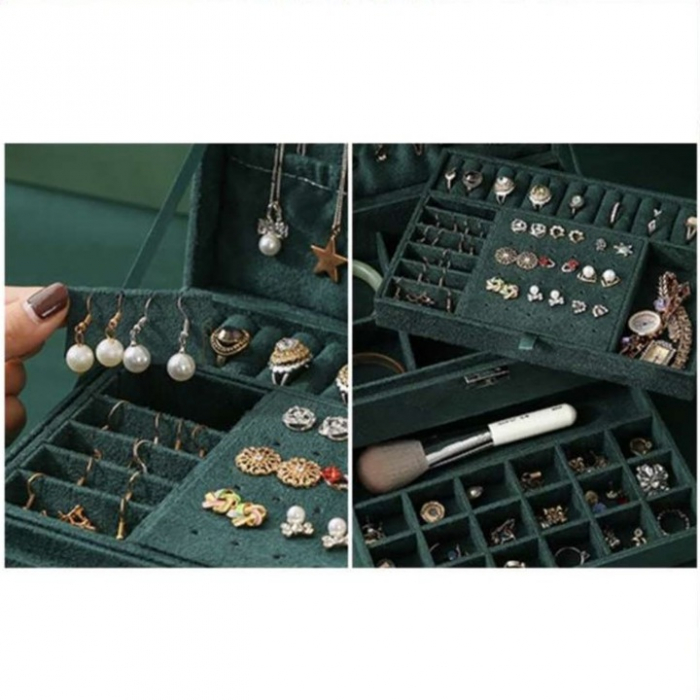 Cutie pentru bijuterii din catifea VarioShop®, cu 3 nivele si cheita, pentru inele, coliere, bratari, design cu mai multe compartimente, separatoare detasabile, 24.5 x 17.5 cm, verde [9]
