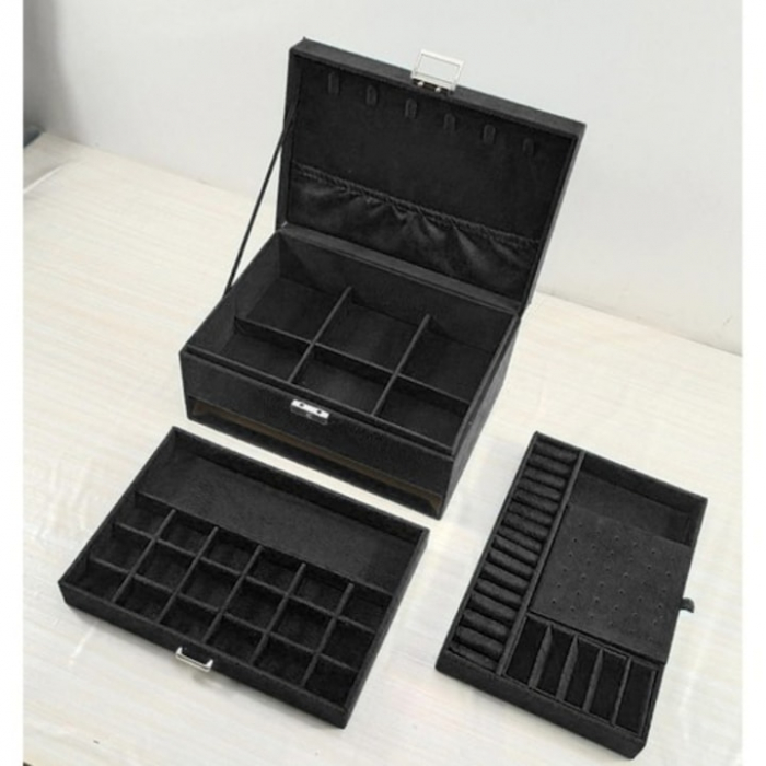 Cutie pentru bijuterii din catifea VarioShop®, cu 3 nivele si cheita, pentru inele, coliere, bratari, design cu mai multe compartimente, separatoare detasabile, 24.5 x 17.5 cm, negru [6]