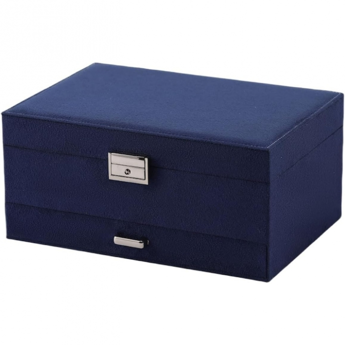 Cutie pentru bijuterii din catifea VarioShop®, cu 3 nivele si cheita, pentru inele, coliere, bratari, design cu mai multe compartimente, separatoare detasabile, 24.5 x 17.5 cm, Albastru [13]