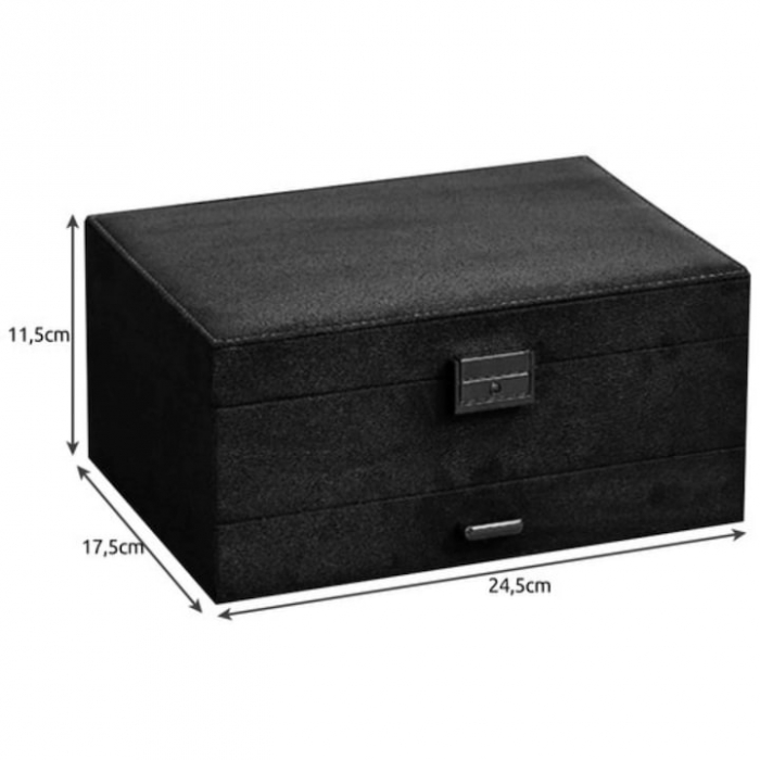 Cutie pentru bijuterii din catifea VarioShop®, cu 3 nivele si cheita, pentru inele, coliere, bratari, design cu mai multe compartimente, separatoare detasabile, 24.5 x 17.5 cm, negru [2]