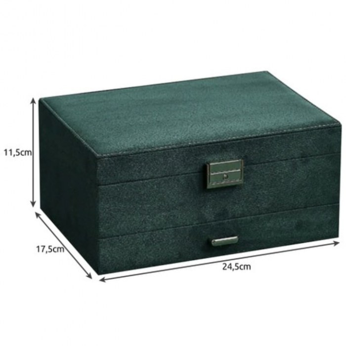 Cutie pentru bijuterii din catifea VarioShop®, cu 3 nivele si cheita, pentru inele, coliere, bratari, design cu mai multe compartimente, separatoare detasabile, 24.5 x 17.5 cm, verde [18]