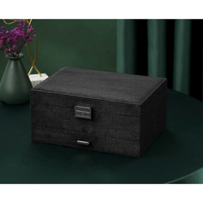 Cutie pentru bijuterii din catifea VarioShop®, cu 3 nivele si cheita, pentru inele, coliere, bratari, design cu mai multe compartimente, separatoare detasabile, 24.5 x 17.5 cm, negru [4]