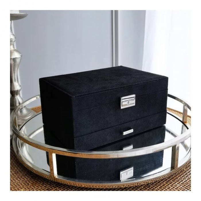 Cutie pentru bijuterii din catifea VarioShop®, cu 3 nivele si cheita, pentru inele, coliere, bratari, design cu mai multe compartimente, separatoare detasabile, 24.5 x 17.5 cm, negru [14]