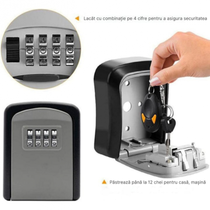 Cutie pentru depozitarea cheilor VarioShop®, cifru mecanic resetabil, inchirieri regim hotelier, montare pe perete, din otel, neagra/gri, 11.5 x 9.5 cm, Negru/Gri [19]