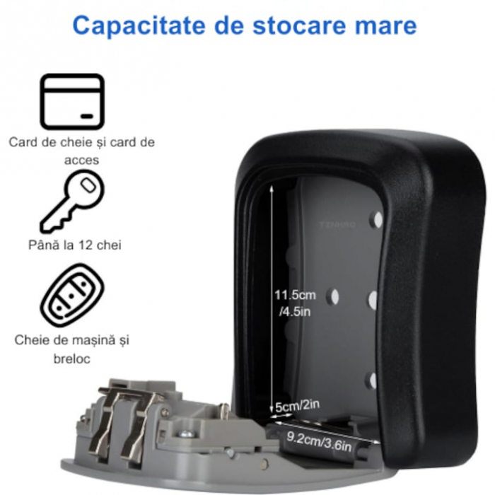 Cutie pentru depozitarea cheilor VarioShop®, cifru mecanic resetabil, inchirieri regim hotelier, montare pe perete, din otel, neagra/gri, 11.5 x 9.5 cm, Negru/Gri [21]