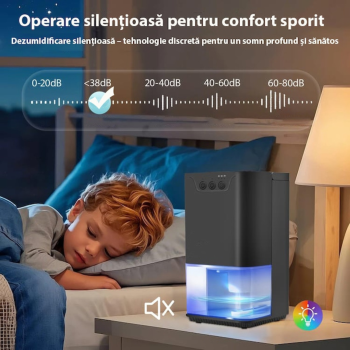 Dezumidificator de aer compact VarioShop® 1400 ml, tehnologie Peltier silentioasa 36W, temporizator 8/12/16 ore, oprire automata, rezervor detasabil, LED ambiental 7 culori, negru [6]
