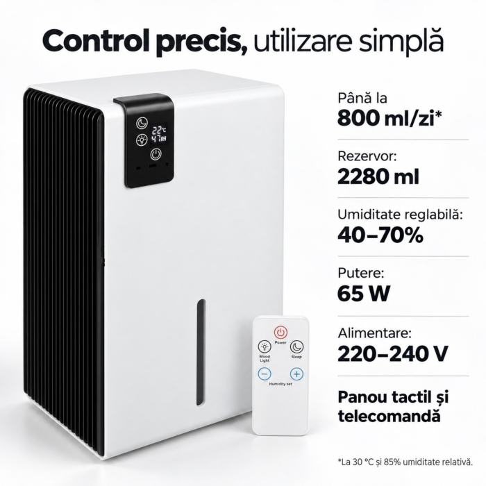 Dezumidificator de aer VarioShop®, pentru reducerea umiditatii, 800 ml/zi, rezervor 2280 ml, higrostat 40–70%, telecomanda, mod Sleep, evacuare continua, 65W, argintiu [6]