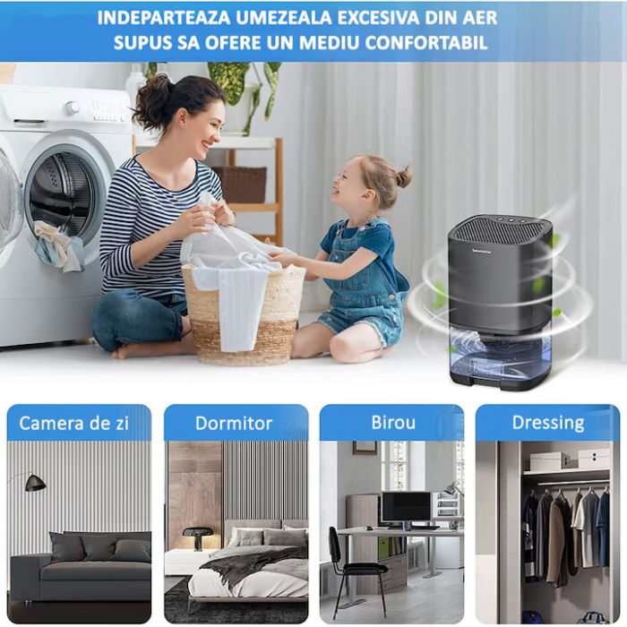 Dezumidificator pentru casa VarioShop®, rezervor 1000ml, doua moduri de lucru si 7 lumini LED colorate, cu functie de uscare si purificare a aerului, pentru dormitor, subsol, baie, bucatarie, birou, n [12]
