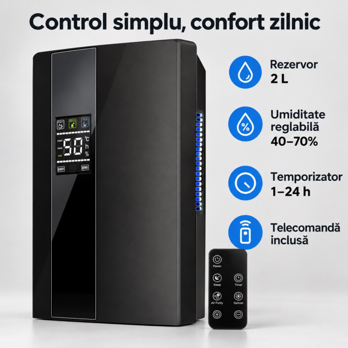 Dezumidificator si purificator de aer VarioShop®, 2 in 1, afisaj temperatura si umiditate, tehnologie Peltier, lampa UV, silentios 25-30 dB, telecomanda, rezervor 2 L, randament 650 ml/zi, 90W, negru [6]