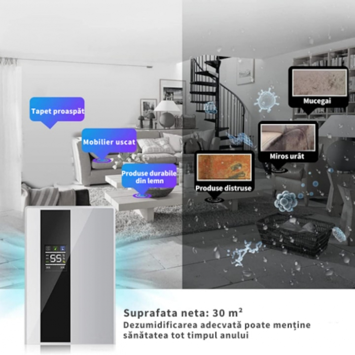 Dezumidificator si Purificator de Aer VarioShop®, Afisaj Temperatura/Umiditate, Tehnologie Peltier, Silentios, Anti-Mucegai, Telecomanda, Randament 650ml/zi, Putere 90 W, Alb [5]