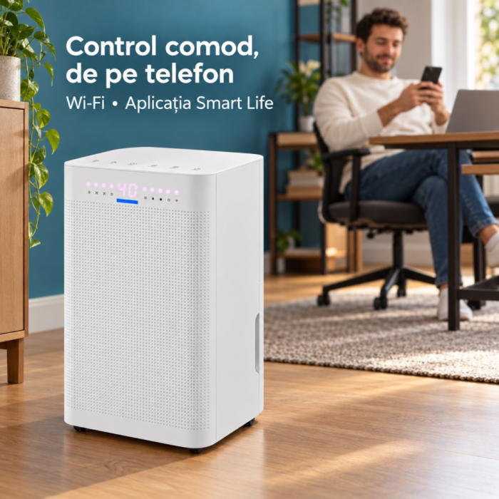 Dezumidificator VarioShop®, 12 l/zi, Wi-Fi, control prin aplicatie, incaperi pana la 25 m², umidistat, rezervor detasabil 2 l, 38 dB, portabil, functie uscare rufe, blocare pentru copii [5]