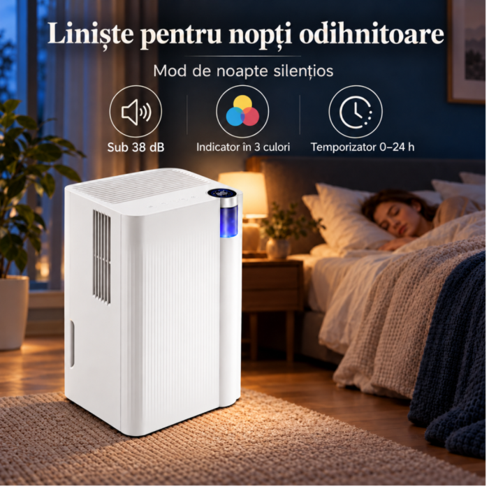 Dezumidificator VarioShop® cu Wi-Fi, 12 l/24 h, pentru camere pana la 25 m², rezervor 2 L, drenaj continuu, 38 dB, control prin aplicatie, 25 x 22 x 44.6 cm, alb [6]